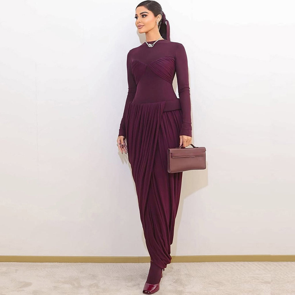Z18630 Women Dress Mesh Sexy Ruffled Round Neck Long Sleeve Dress Burgundy