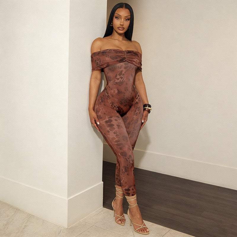 J25JP458 Women Slash Neck Ruched Patchwork Elegant Sexy Stretch Activity Clubwear Stretch Leopard Print Jumpsuit