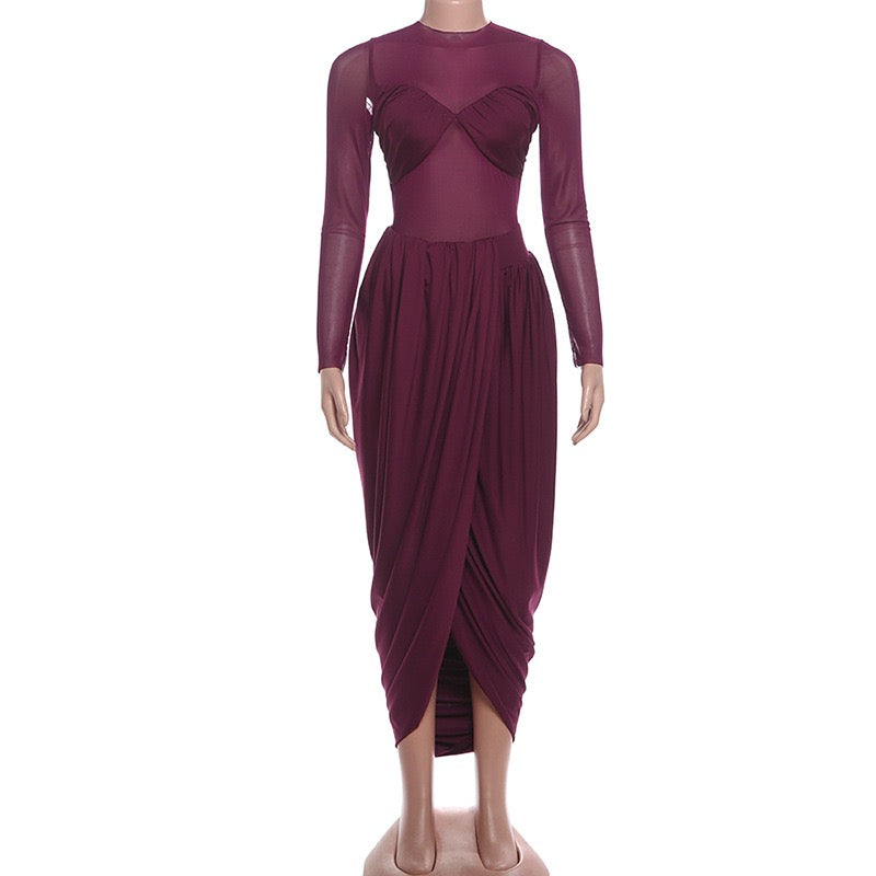 Z18630 Women Dress Mesh Sexy Ruffled Round Neck Long Sleeve Dress Burgundy