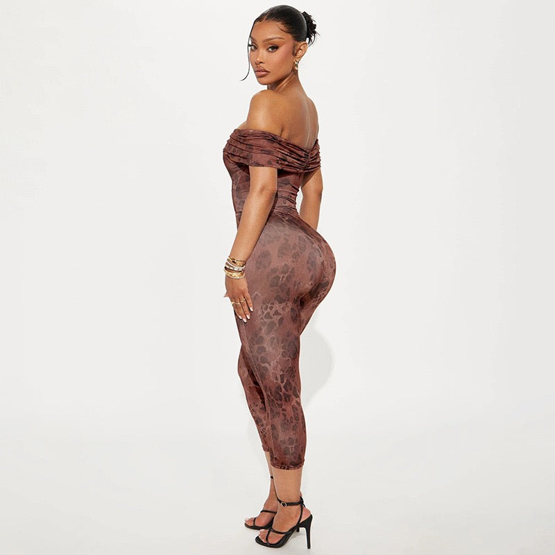 J25JP458 Women Slash Neck Ruched Patchwork Elegant Sexy Stretch Activity Clubwear Stretch Leopard Print Jumpsuit