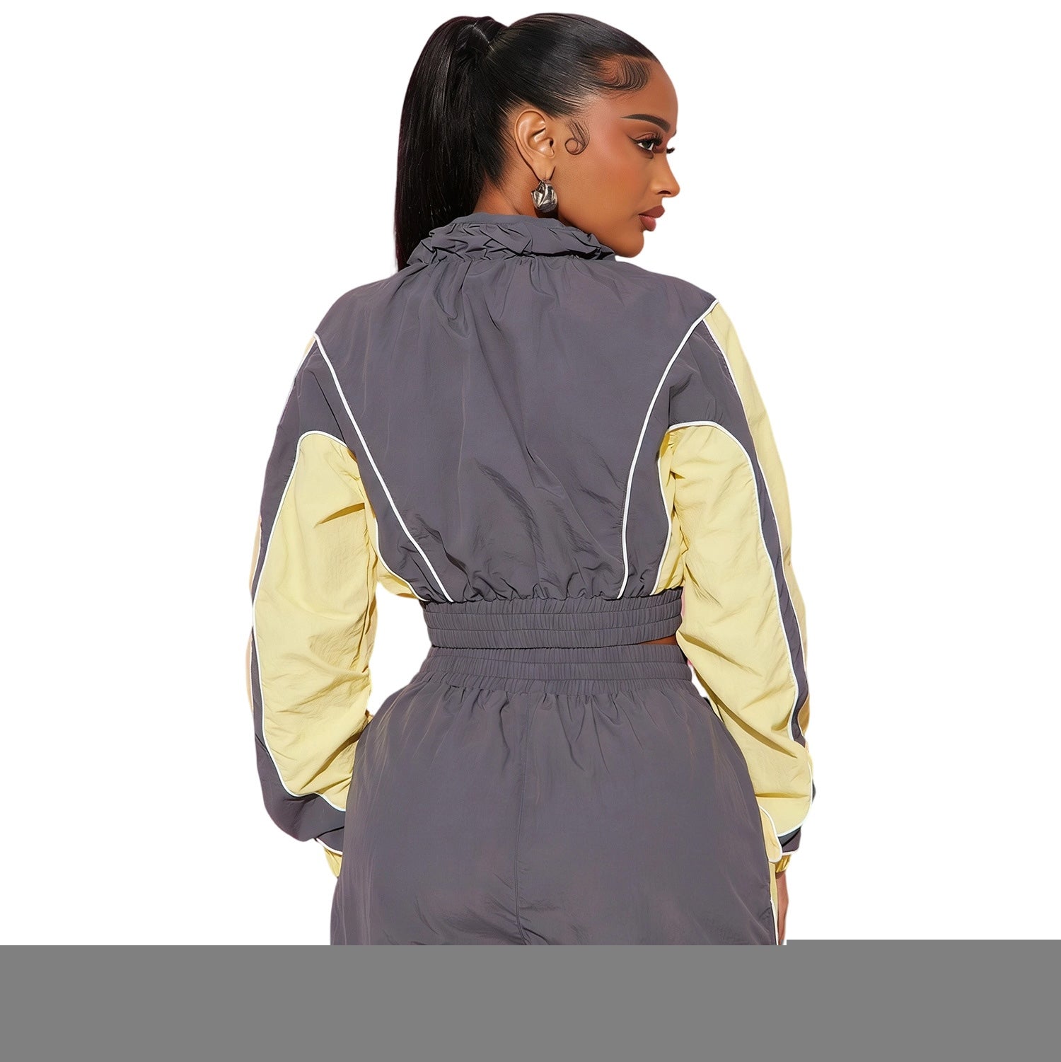 K25L1857 Side Stiped Velour Two Piece Set Women Casual Zipper Long Sleeve Crop Top+Drawstring Pants