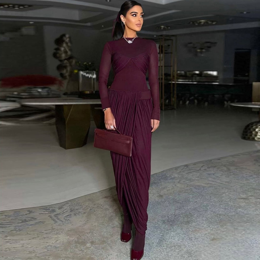 Z18630 Women Dress Mesh Sexy Ruffled Round Neck Long Sleeve Dress Burgundy