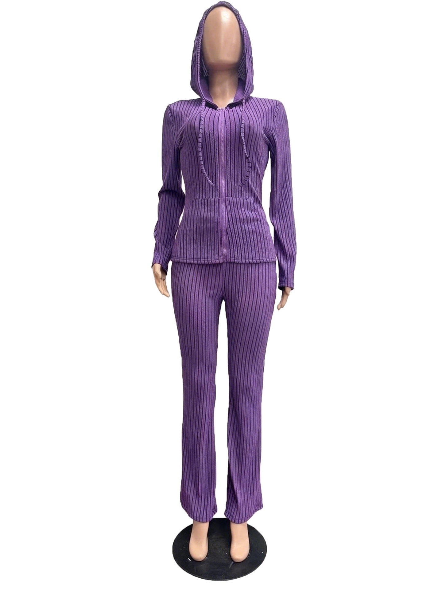CM9542 Spring Trend Ribbed2PieceSet WomenZip upCardigan Jacket+Long Pants Matching Casual Suit