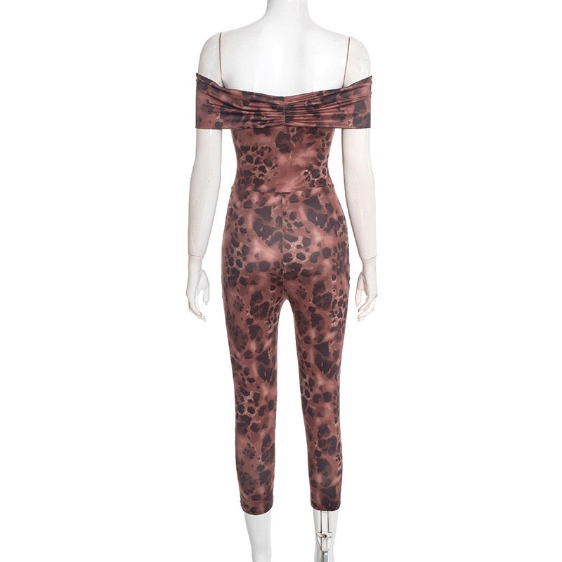 J25JP458 Women Slash Neck Ruched Patchwork Elegant Sexy Stretch Activity Clubwear Stretch Leopard Print Jumpsuit