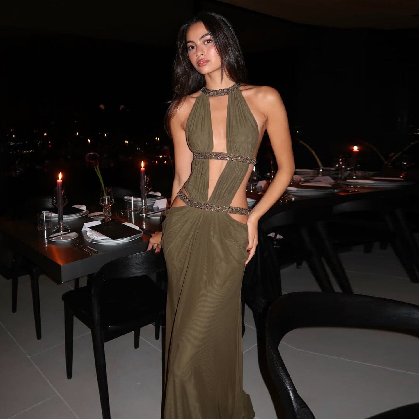 Z16380 Sexy Backless Patchwork Hollow Hanging Neck Slimming Vest Dress, Trendy and Personalized Slim Fit Long Skirt