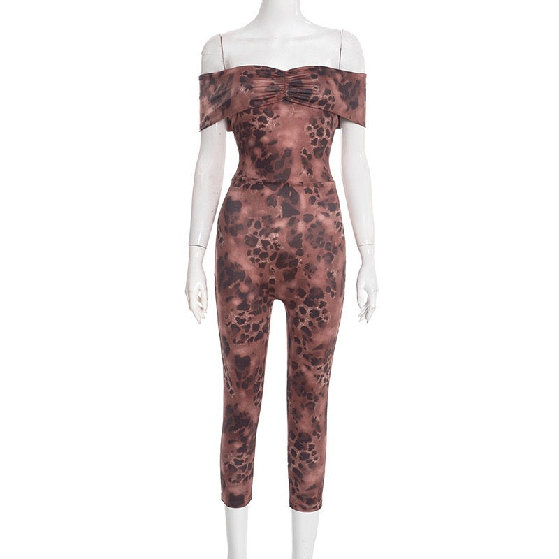 J25JP458 Women Slash Neck Ruched Patchwork Elegant Sexy Stretch Activity Clubwear Stretch Leopard Print Jumpsuit