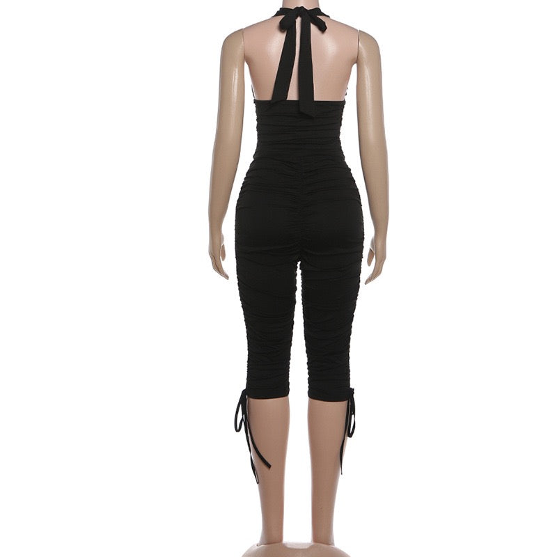 K25S86622 Ruched2-Piece Set Women Simple Halter Backless Tank Tops+Shirring Bike Shorts Matching Skinny Stretch