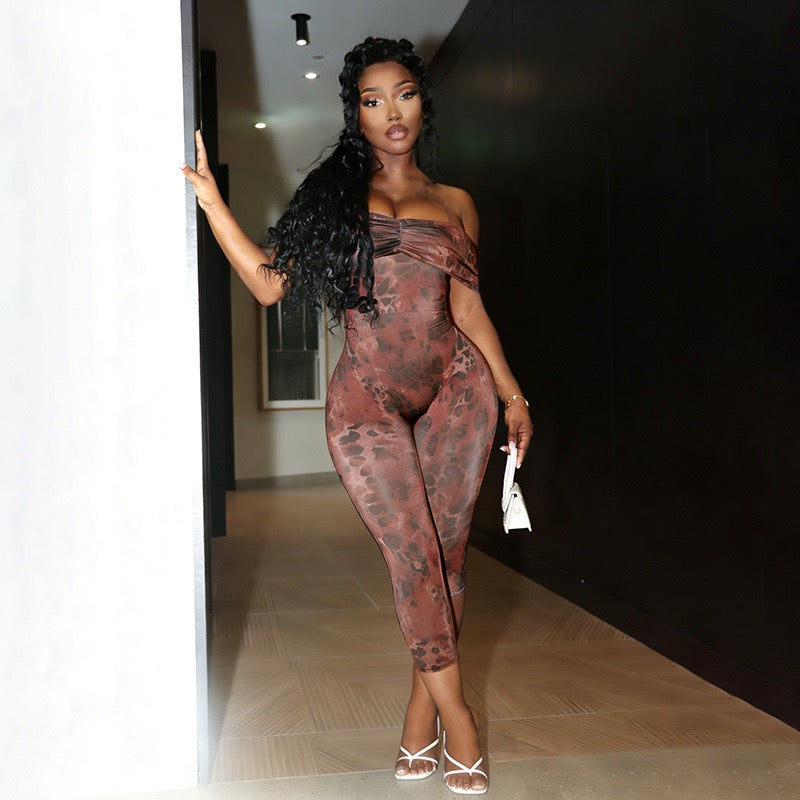 J25JP458 Women Slash Neck Ruched Patchwork Elegant Sexy Stretch Activity Clubwear Stretch Leopard Print Jumpsuit