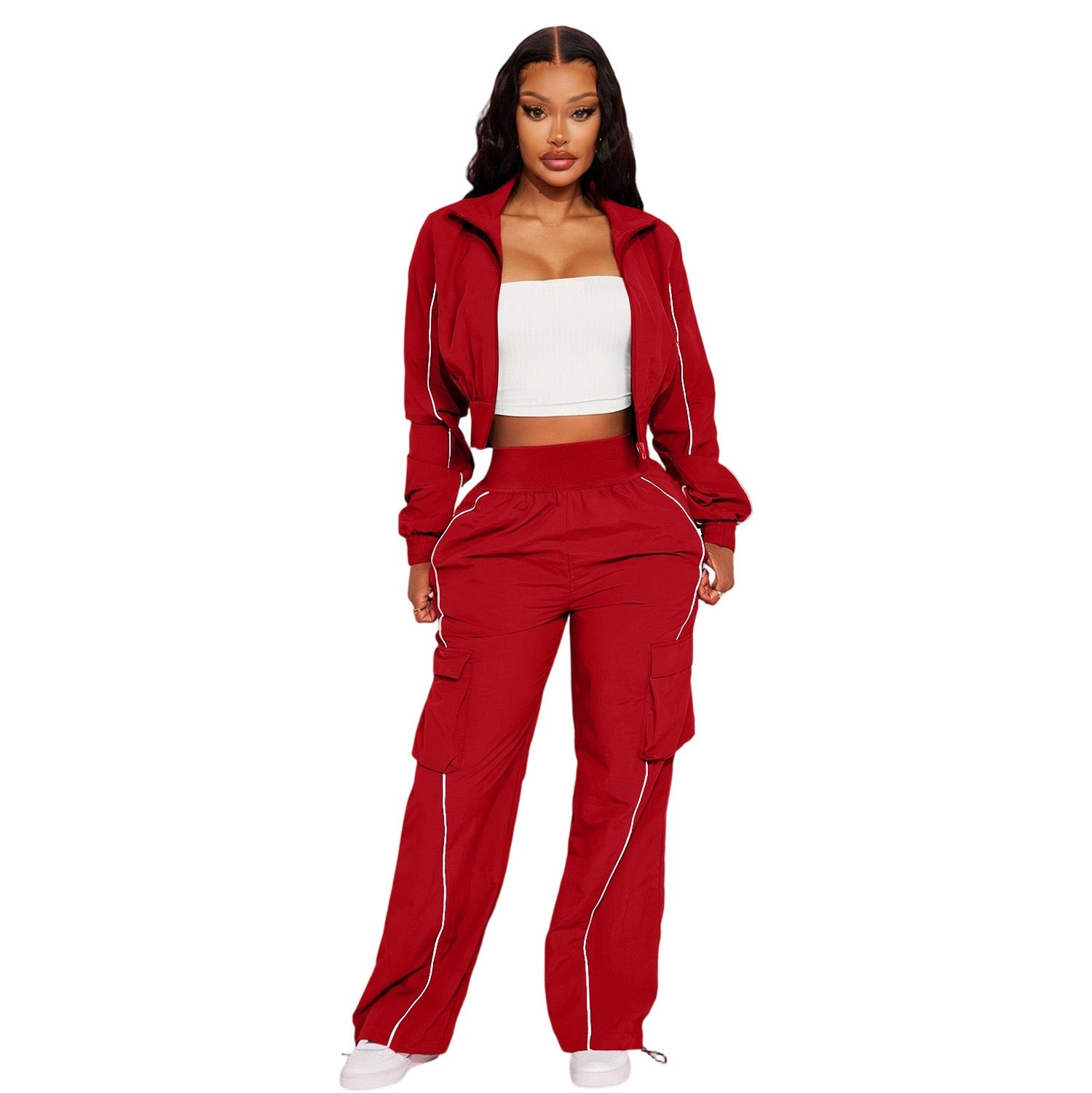 YS8021 Spring New Fashion Two Piece Outfits Woman Long Sleeves Stripe Patchwork Pocket Crop Top and Pants