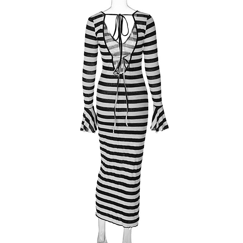 Z13245 Black and White Striped Spring Summer Dress Woman Elegant Sexy Flare Sleeve Deep V Backless Long Dresses