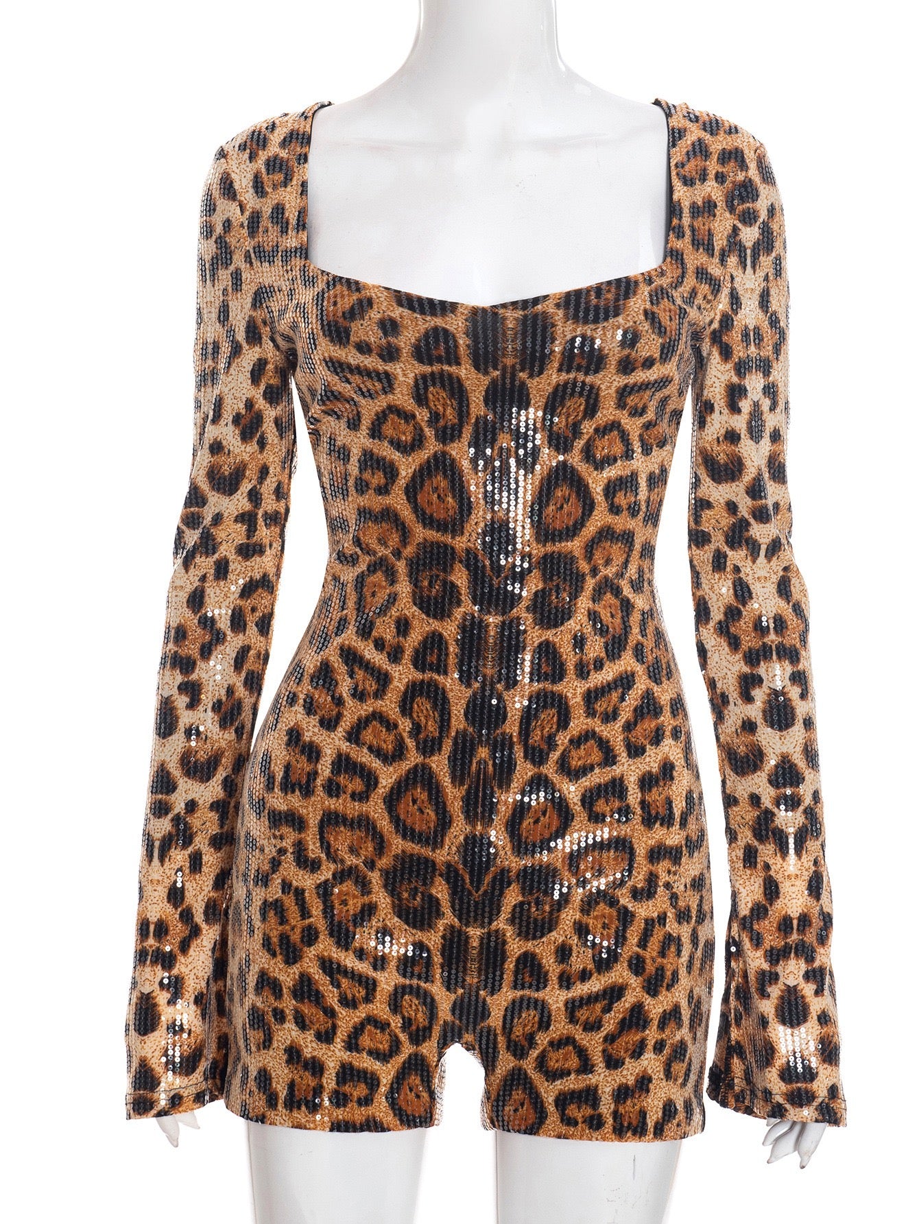 J25RP463 Square Collar Leopard Print Sequins Bodysuit Women
SexyLong Sleeve One Piece Jumpsuit Party Night Cluby
