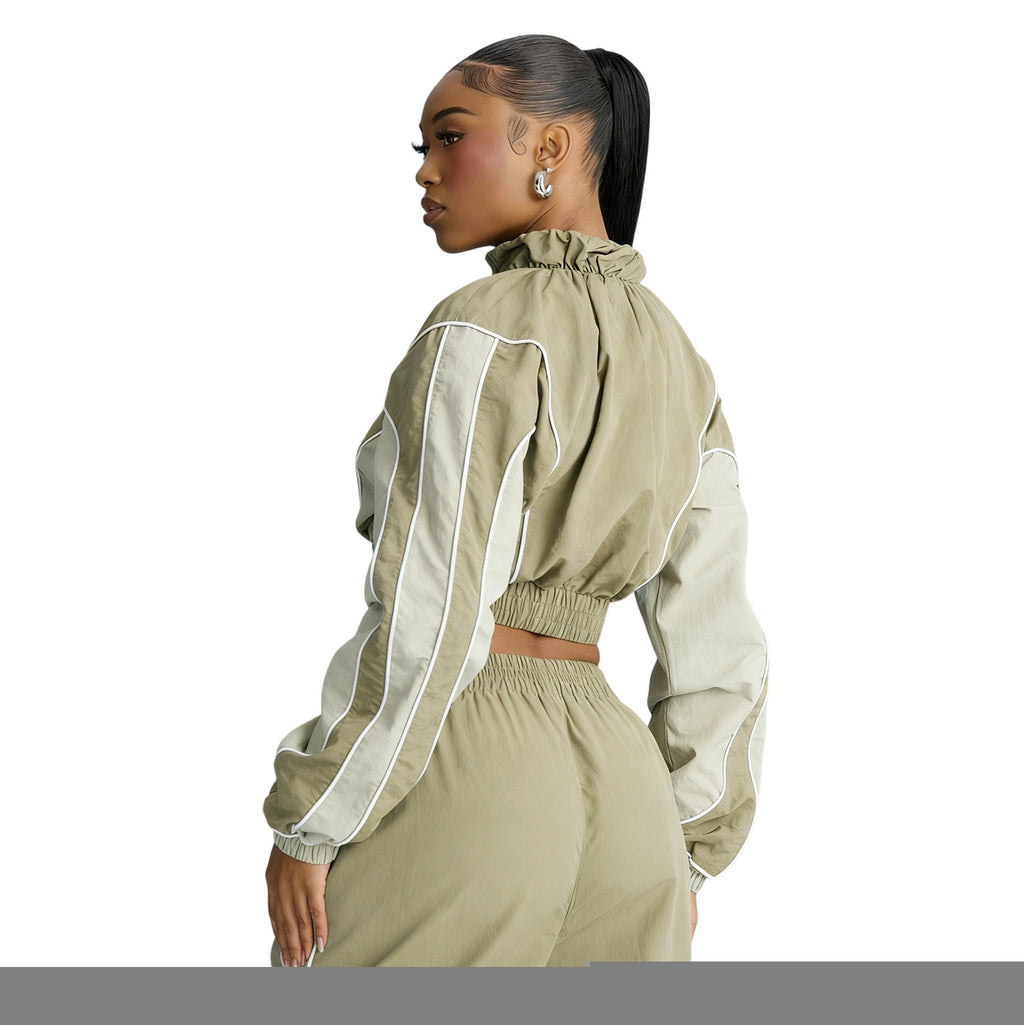 YS8022 Casual Woman Outfit Color Block Long Sleeves Crop Top and Pants Fashion Stripe Patchwork2Pieces Set