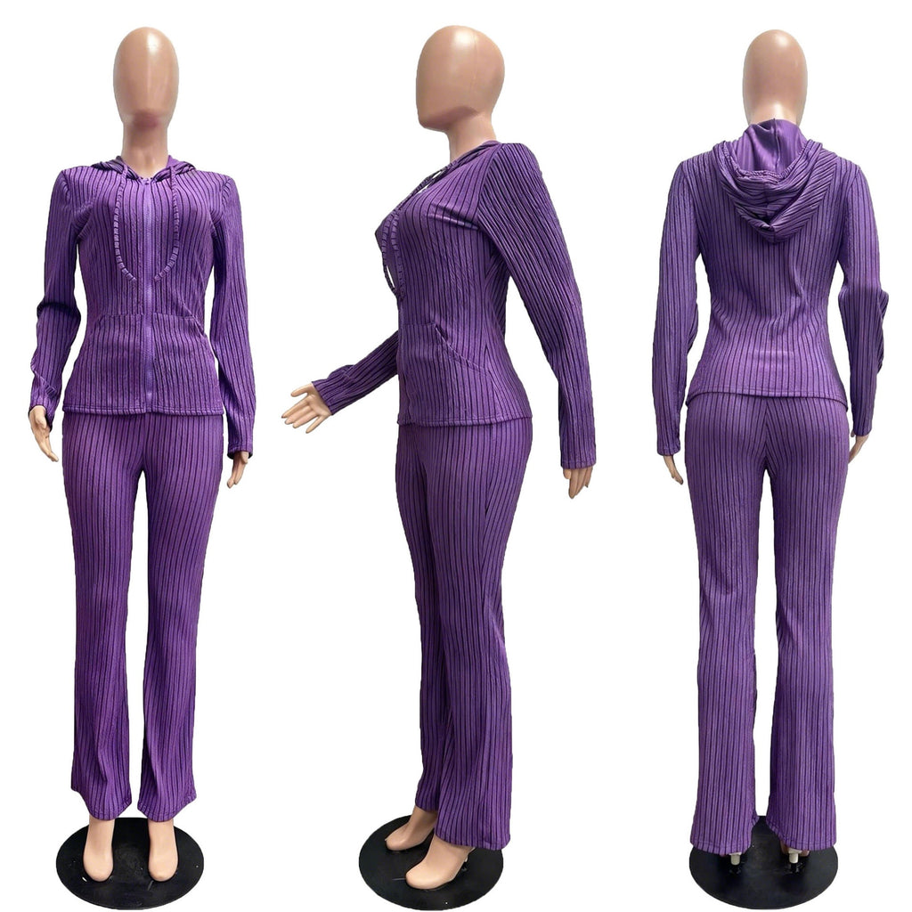 CM9542 Spring Trend Ribbed2PieceSet WomenZip upCardigan Jacket+Long Pants Matching Casual Suit