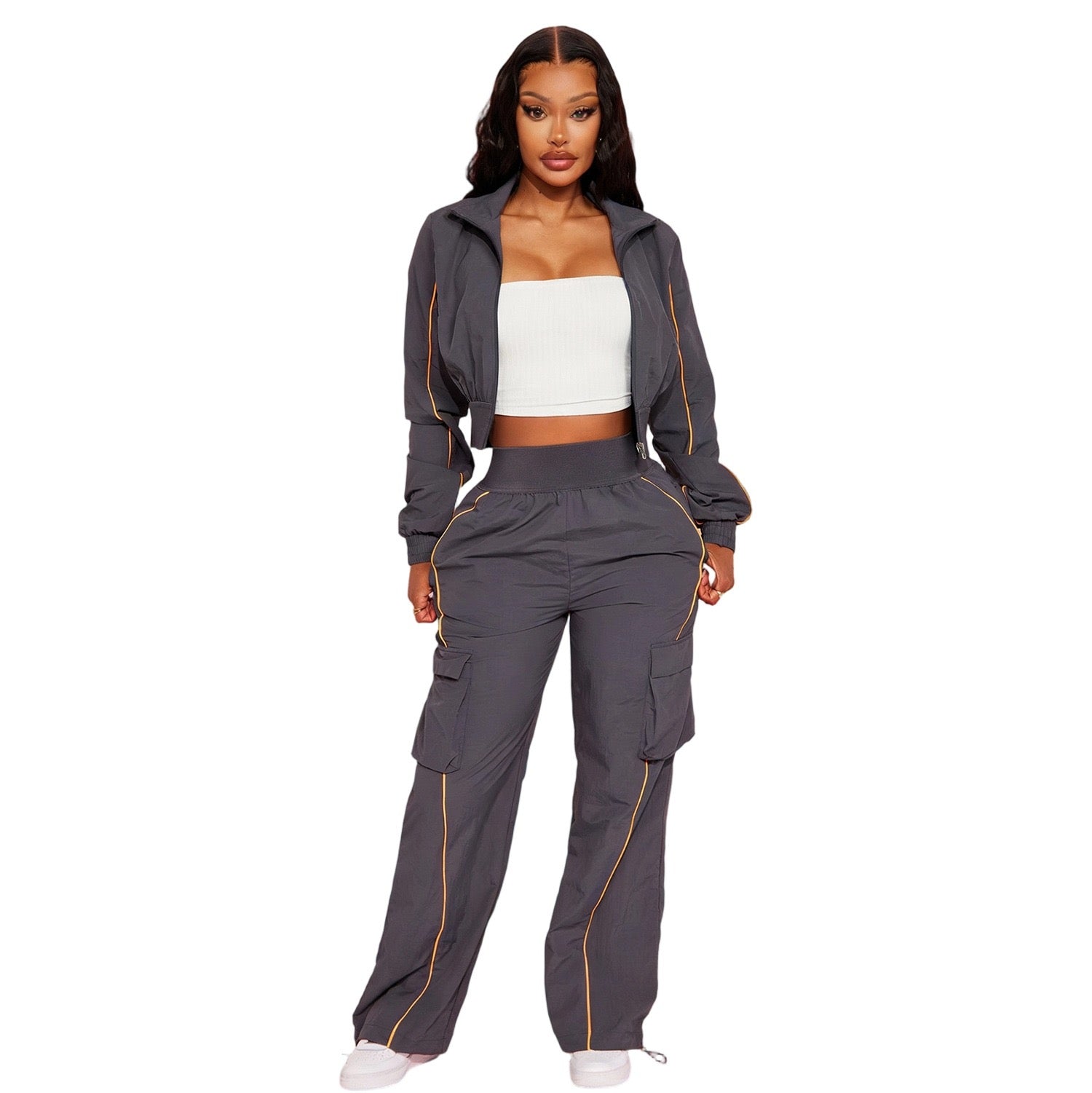 YS8021 Spring New Fashion Two Piece Outfits Woman Long Sleeves Stripe Patchwork Pocket Crop Top and Pants