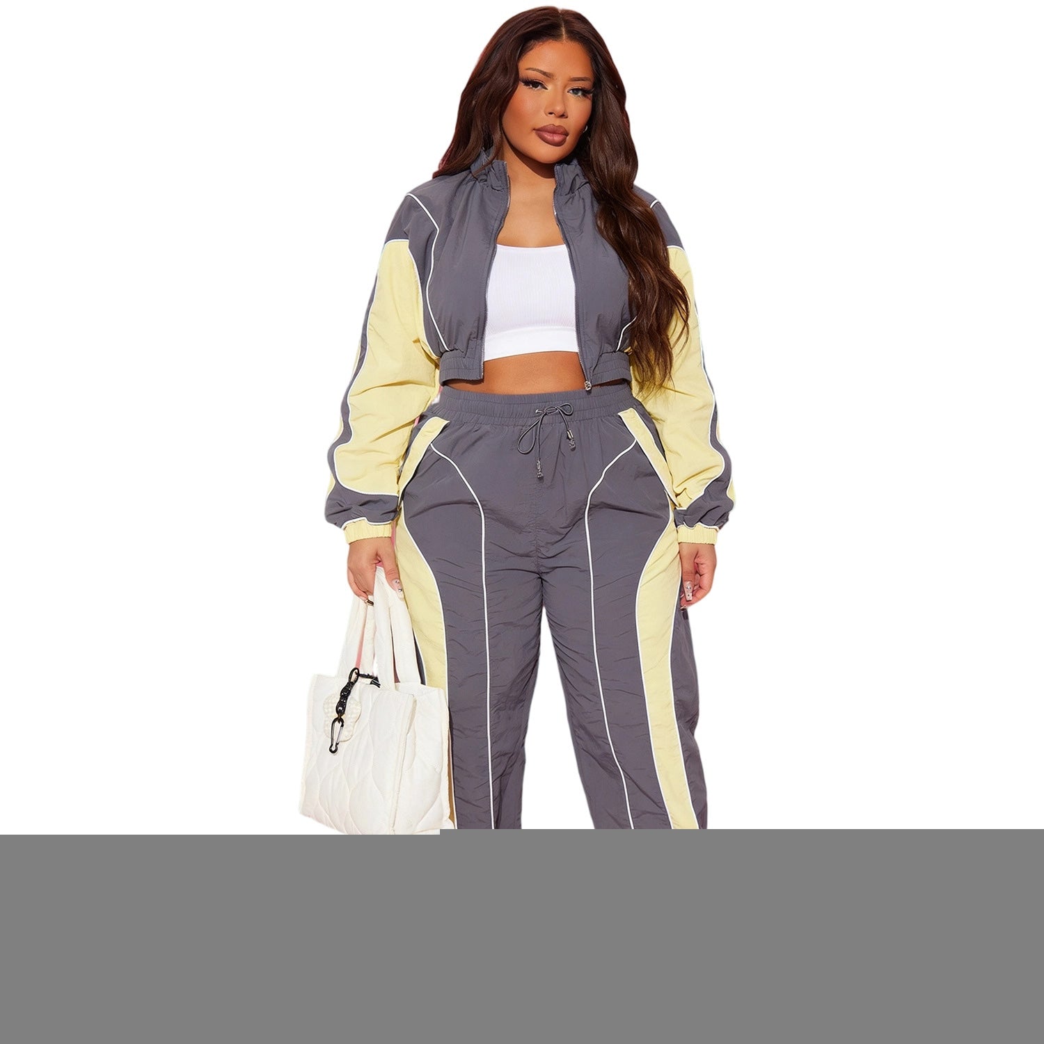 YS8022 Casual Woman Outfit Color Block Long Sleeves Crop Top and Pants Fashion Stripe Patchwork2Pieces Set