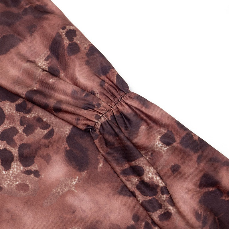 J25JP458 Women Slash Neck Ruched Patchwork Elegant Sexy Stretch Activity Clubwear Stretch Leopard Print Jumpsuit