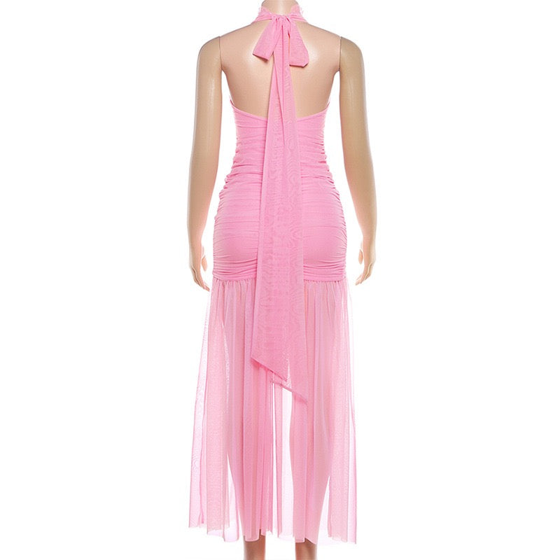 K25D87083 Sexy Elegant DressWomen Halter Split Multilayer Mesh Patchwork Ruched Peach Hip Valentine's Day Backless