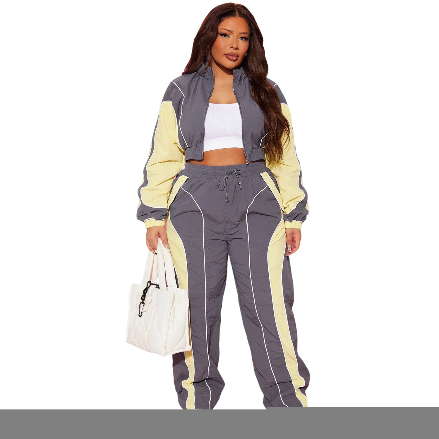 YS8022 Casual Woman Outfit Color Block Long Sleeves Crop Top and Pants Fashion Stripe Patchwork2Pieces Set