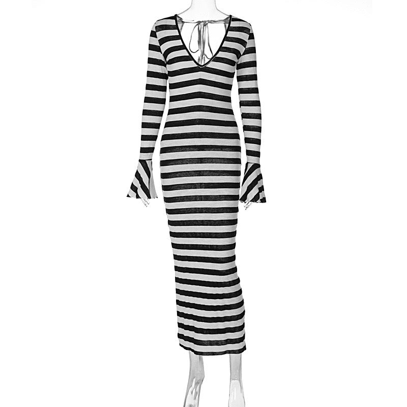 Z13245 Black and White Striped Spring Summer Dress Woman Elegant Sexy Flare Sleeve Deep V Backless Long Dresses