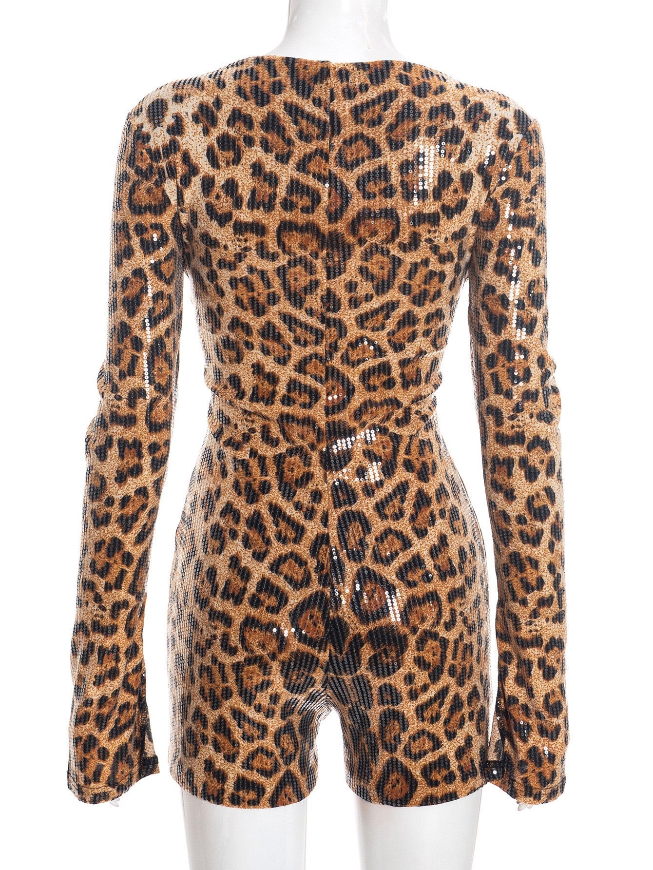 J25RP463 Square Collar Leopard Print Sequins Bodysuit Women
SexyLong Sleeve One Piece Jumpsuit Party Night Cluby