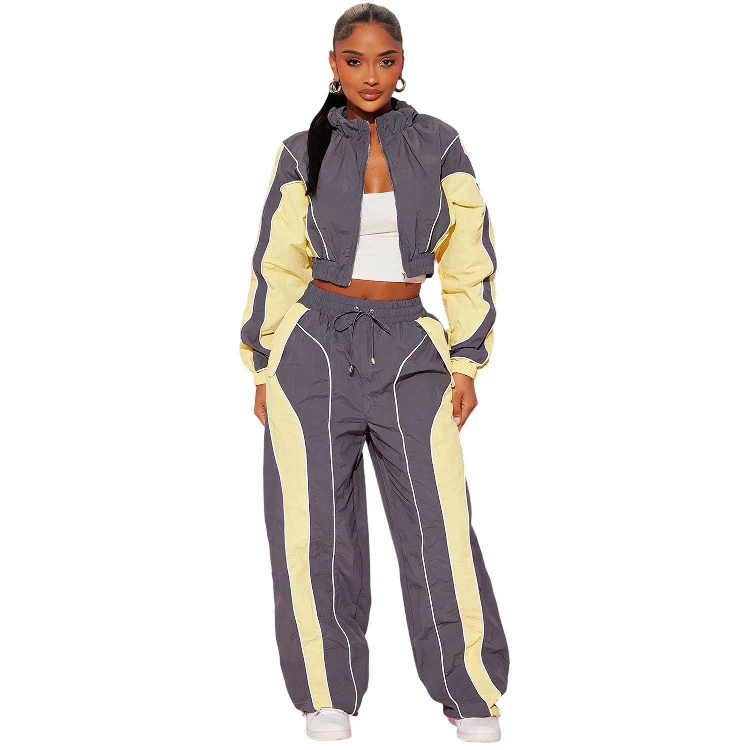 YS8022 Casual Woman Outfit Color Block Long Sleeves Crop Top and Pants Fashion Stripe Patchwork2Pieces Set