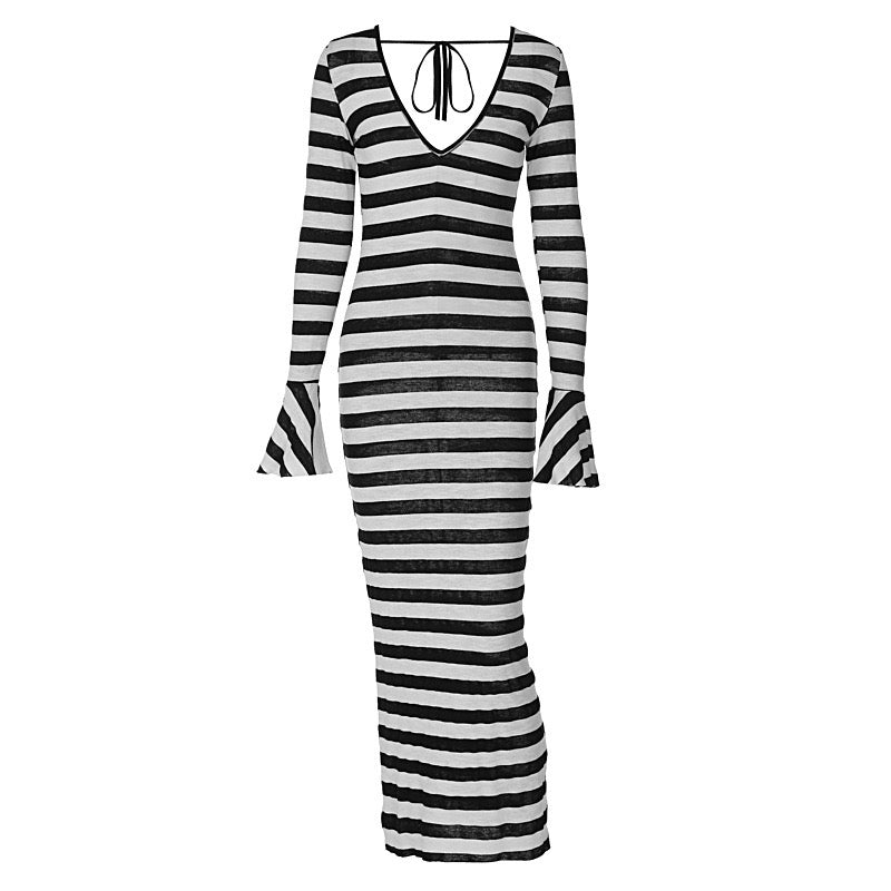 Z13245 Black and White Striped Spring Summer Dress Woman Elegant Sexy Flare Sleeve Deep V Backless Long Dresses