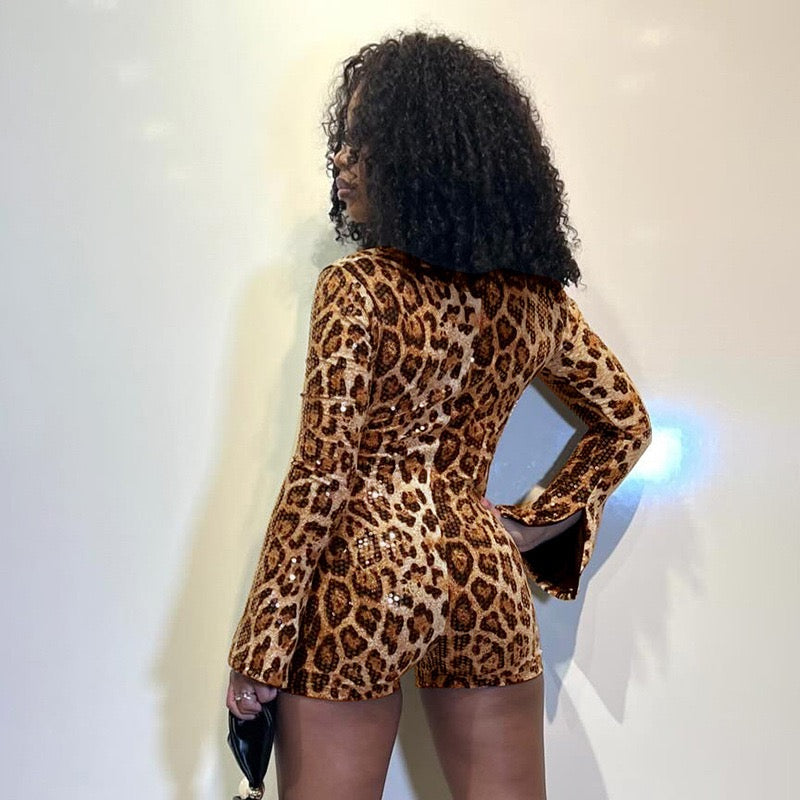 J25RP463 Square Collar Leopard Print Sequins Bodysuit Women
SexyLong Sleeve One Piece Jumpsuit Party Night Cluby