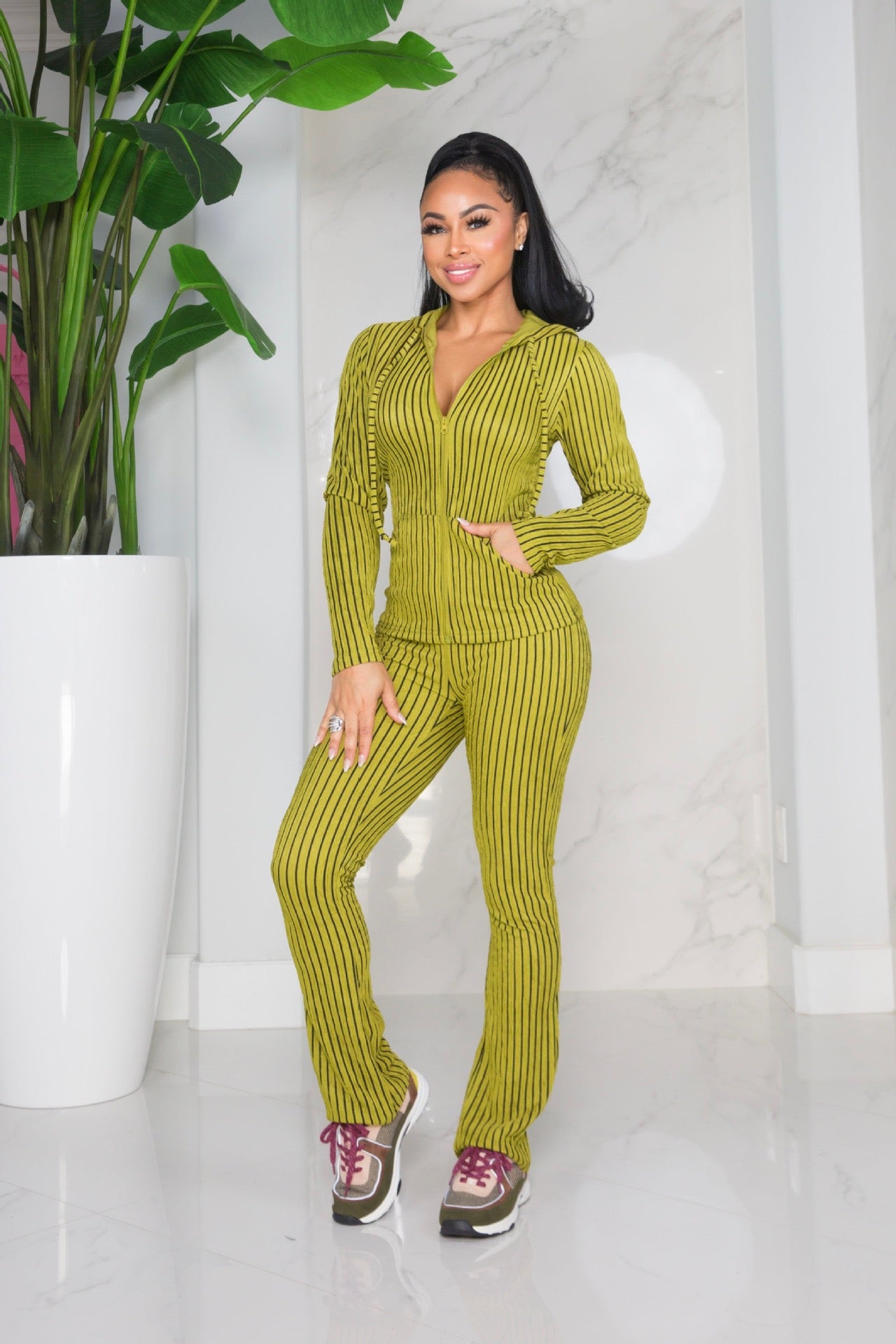 CM9542 Spring Trend Ribbed2PieceSet WomenZip upCardigan Jacket+Long Pants Matching Casual Suit