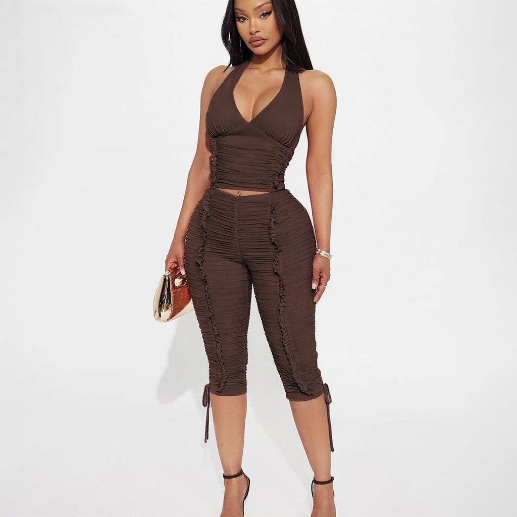 K25S86622 Ruched2-Piece Set Women Simple Halter Backless Tank Tops+Shirring Bike Shorts Matching Skinny Stretch