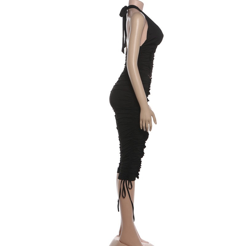 K25S86622 Ruched2-Piece Set Women Simple Halter Backless Tank Tops+Shirring Bike Shorts Matching Skinny Stretch