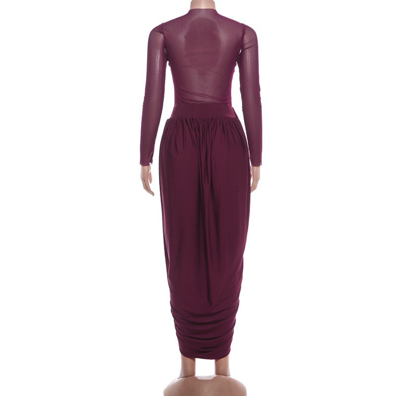 Z18630 Women Dress Mesh Sexy Ruffled Round Neck Long Sleeve Dress Burgundy