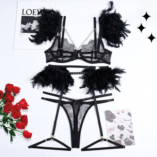 0200 Three-PointFun Suit Lace Feather Exotic Sets Women Sexy Lingerie Garter Kit Chain Panty Perspective