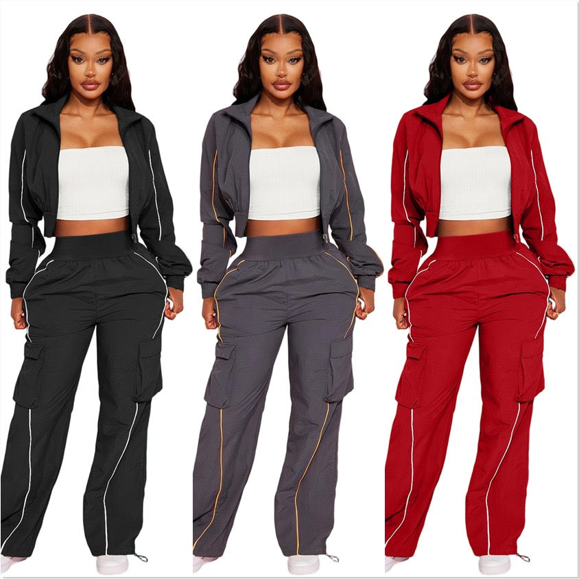 YS8021 Spring New Fashion Two Piece Outfits Woman Long Sleeves Stripe Patchwork Pocket Crop Top and Pants