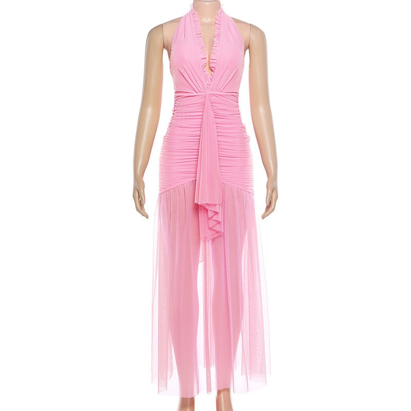 K25D87083 Sexy Elegant DressWomen Halter Split Multilayer Mesh Patchwork Ruched Peach Hip Valentine's Day Backless