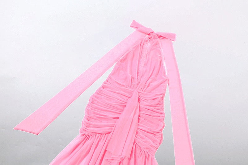 K25D87083 Sexy Elegant DressWomen Halter Split Multilayer Mesh Patchwork Ruched Peach Hip Valentine's Day Backless