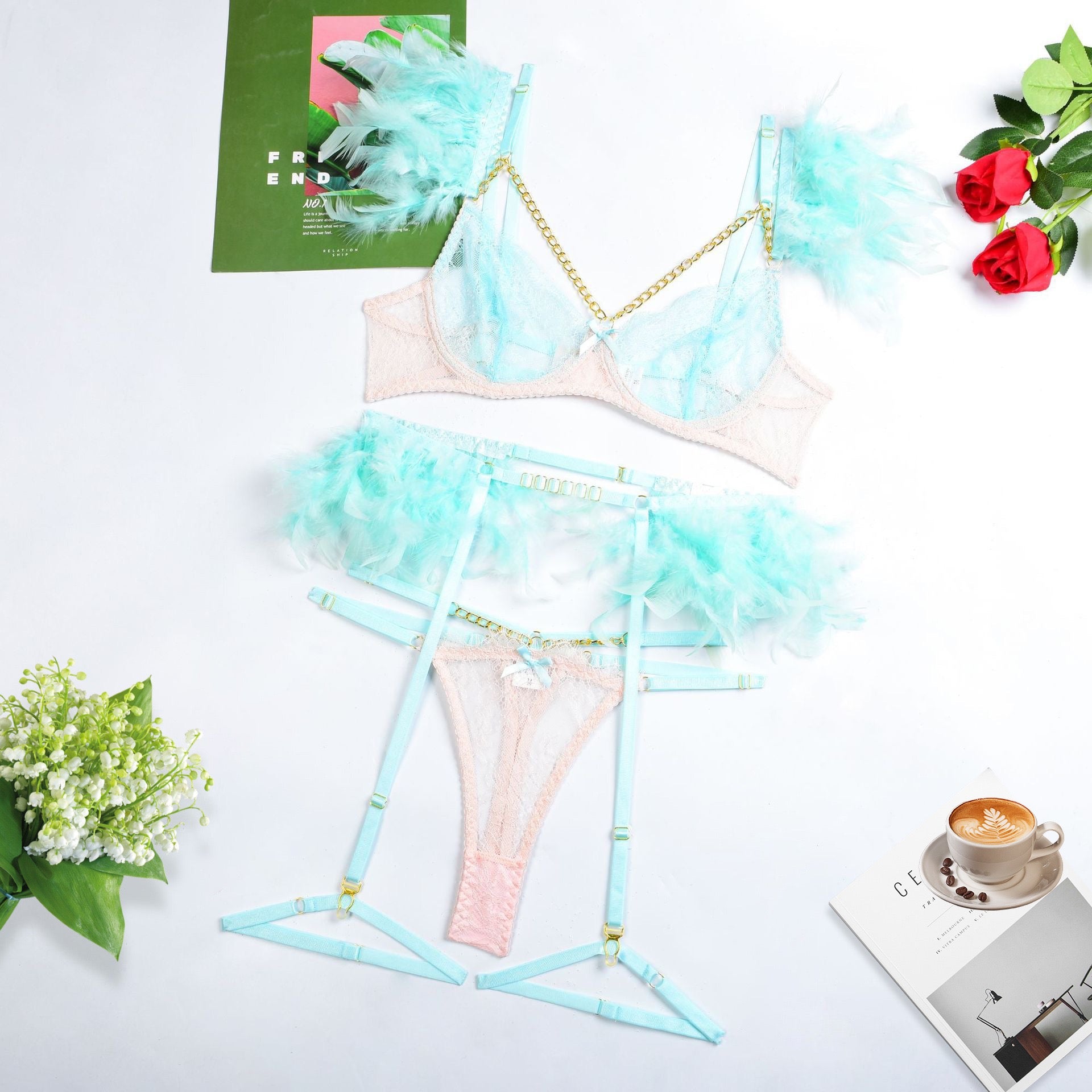 0200 Three-PointFun Suit Lace Feather Exotic Sets Women Sexy Lingerie Garter Kit Chain Panty Perspective