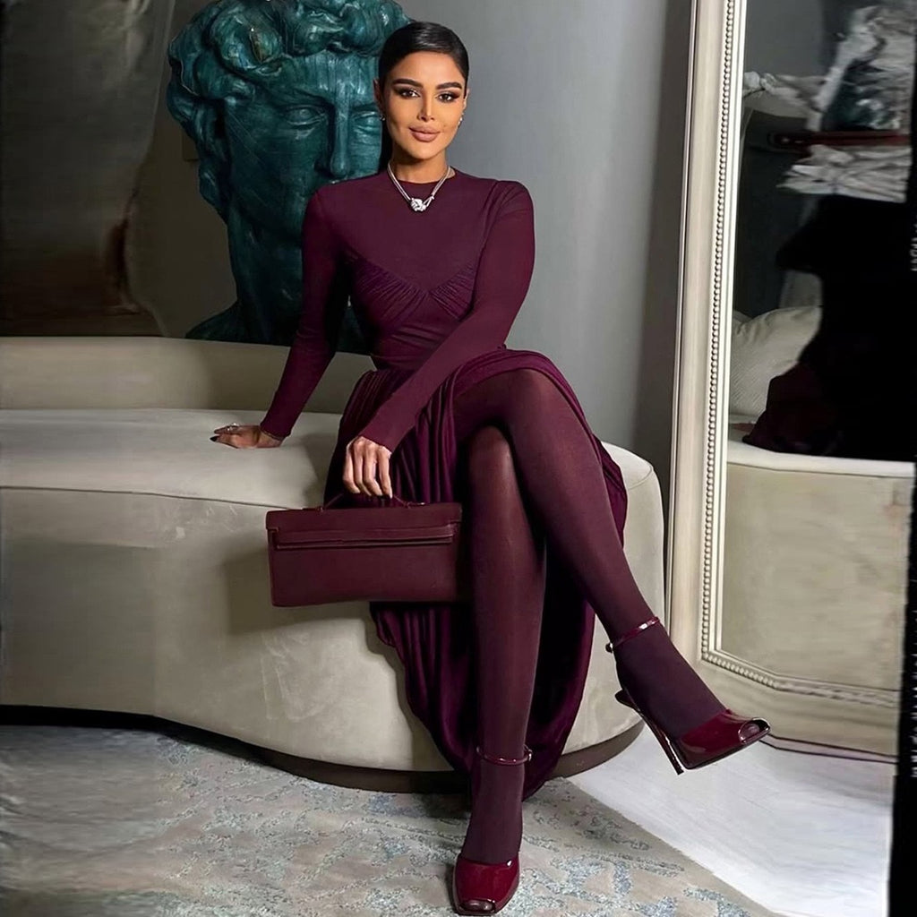 Z18630 Women Dress Mesh Sexy Ruffled Round Neck Long Sleeve Dress Burgundy
