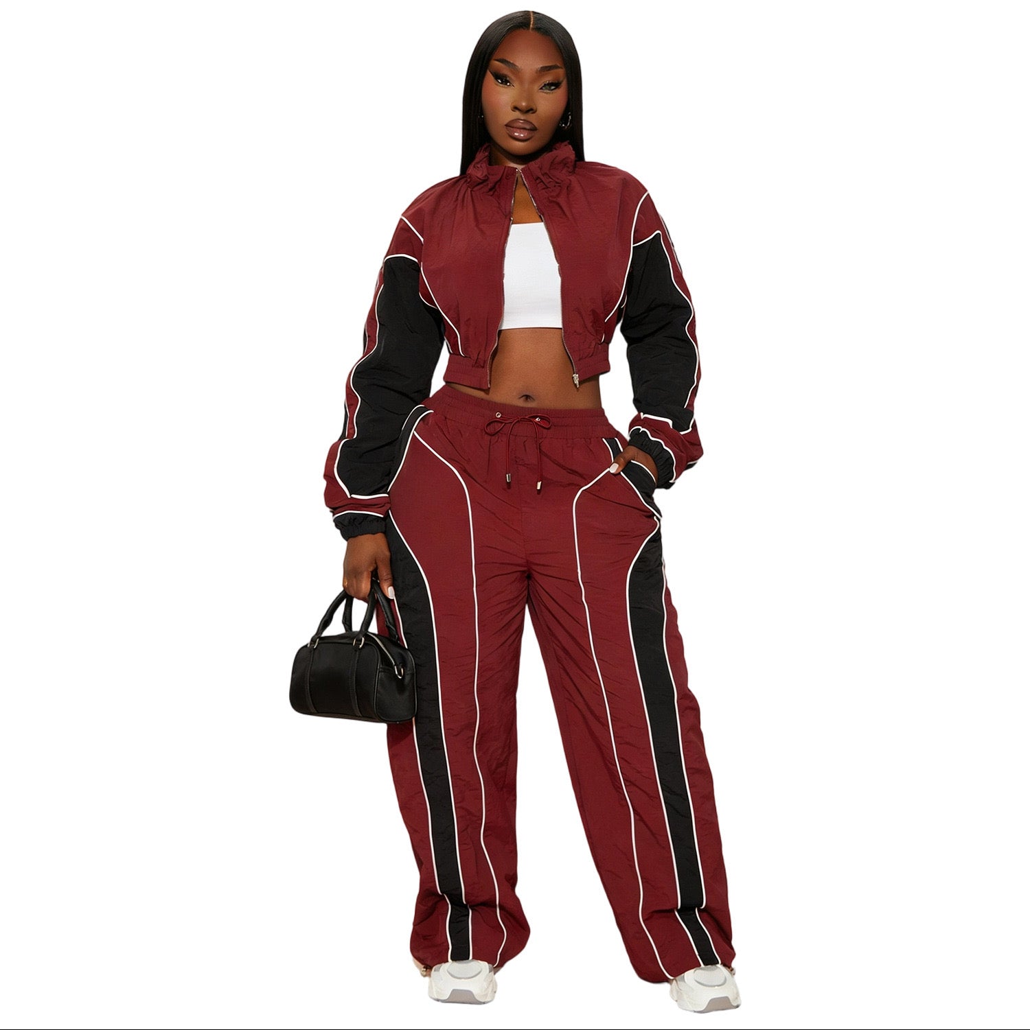 YS8022 Casual Woman Outfit Color Block Long Sleeves Crop Top and Pants Fashion Stripe Patchwork2Pieces Set