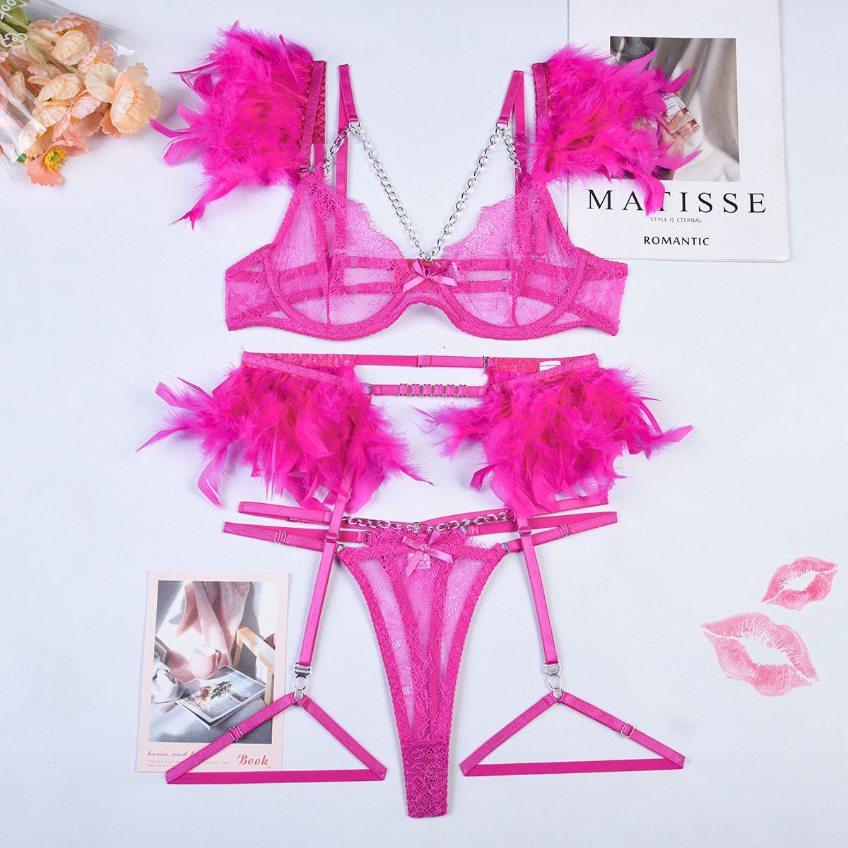 0200 Three-PointFun Suit Lace Feather Exotic Sets Women Sexy Lingerie Garter Kit Chain Panty Perspective