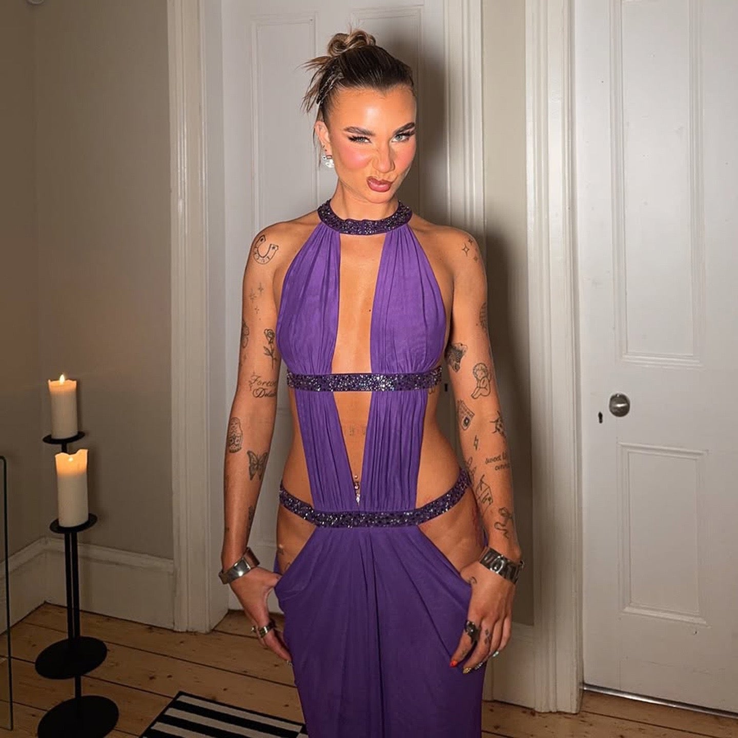 Z16380 Sexy Backless Patchwork Hollow Hanging Neck Slimming Vest Dress, Trendy and Personalized Slim Fit Long Skirt